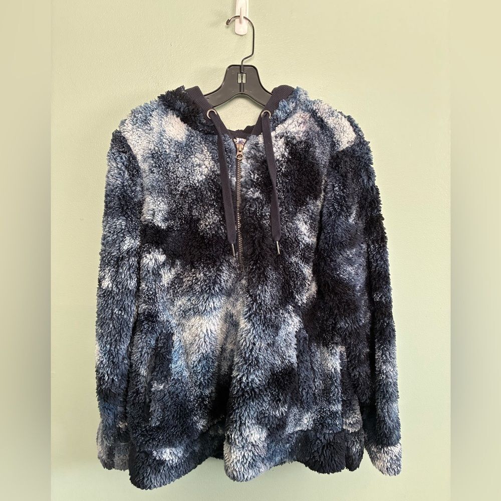 Te Verde Blue Tie Dye Faux Shearling Quarter Zip Hoodie Size L